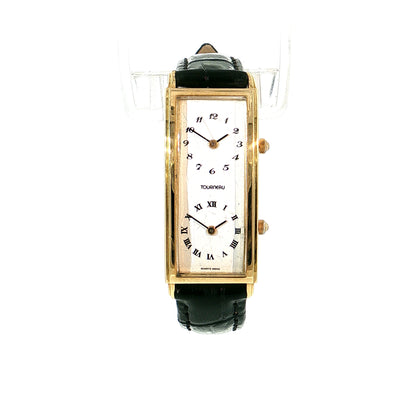 1980's Tourneau Tank Dual Time 18k Yellow Gold