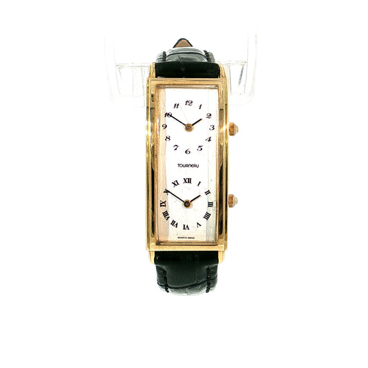 1980's Tourneau Tank Dual Time 18k Yellow Gold