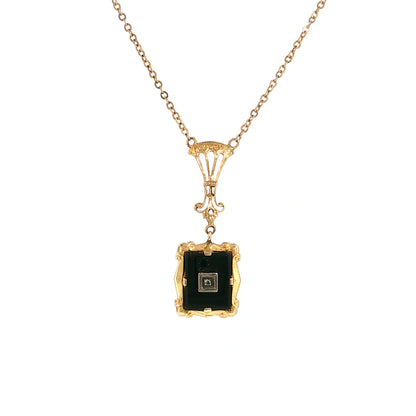 19" Vintage Retro Diamond & Onyx Pendant Necklace 10k