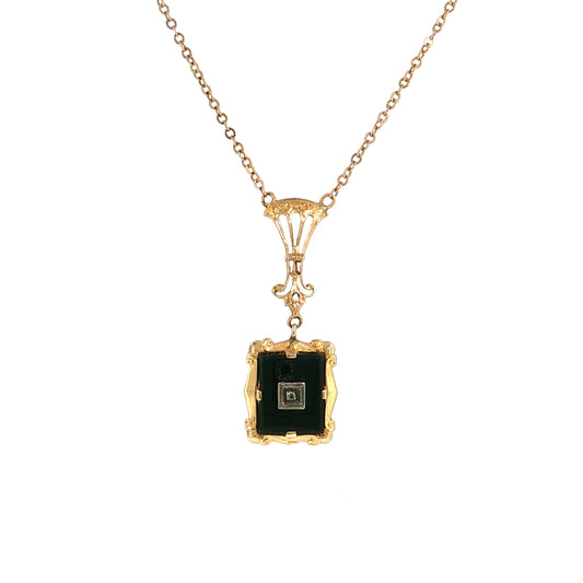 19" Vintage Retro Diamond & Onyx Pendant Necklace 10k