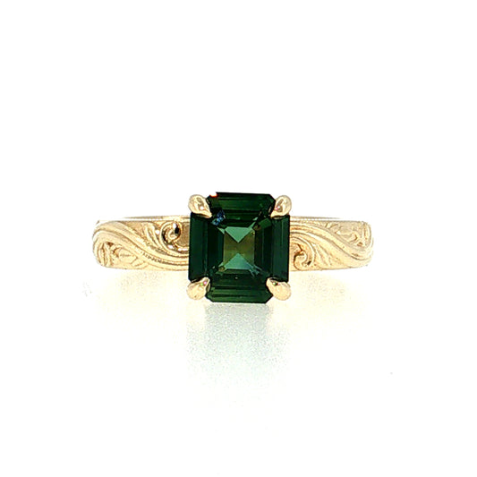 2.04 Asscher Cut Green Sapphire Solitaire Ring 14k