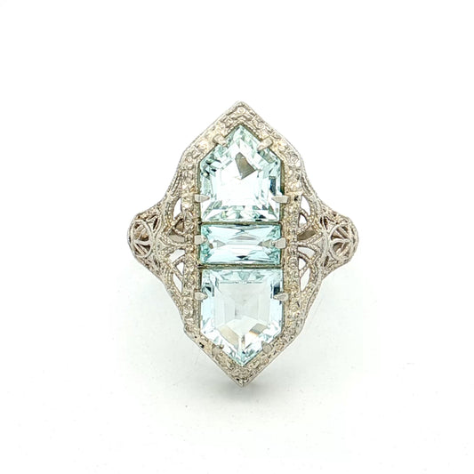 2.07 Art Deco Aquamarine Cocktail Ring 14k White Gold