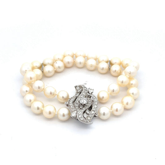 2.08 Vintage Diamond & Pearl Bracelet in 14k White Gold