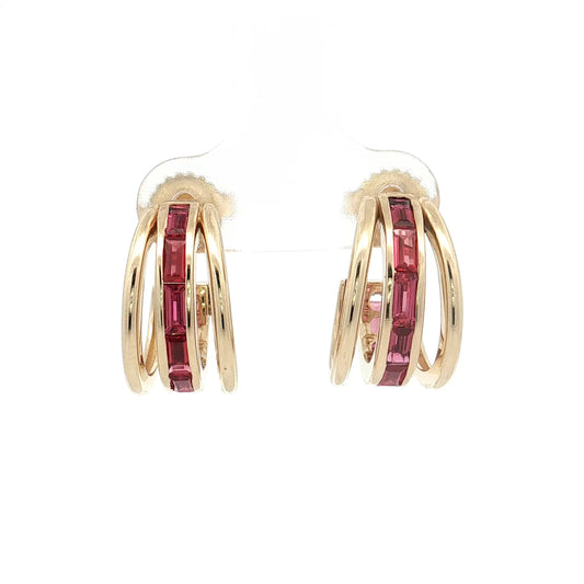 2.40 Square Ruby Triple Hoop Earrings 14k Yellow Gold