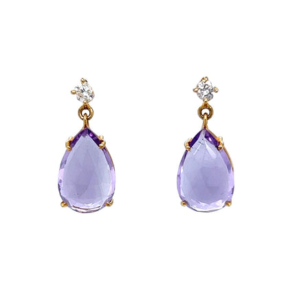 Pear Cut Amethyst Drop Earrings in 14k Yellow Gold