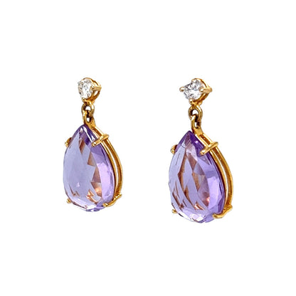 Pear Cut Amethyst Drop Earrings in 14k Yellow Gold