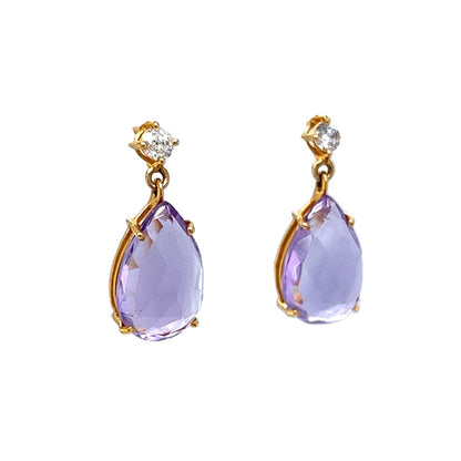 Pear Cut Amethyst Drop Earrings in 14k Yellow Gold