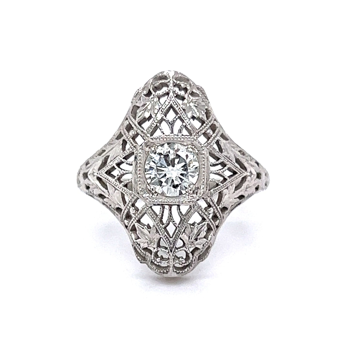 Art Deco Geometric Filigree Diamond Cocktail Ring in 18K