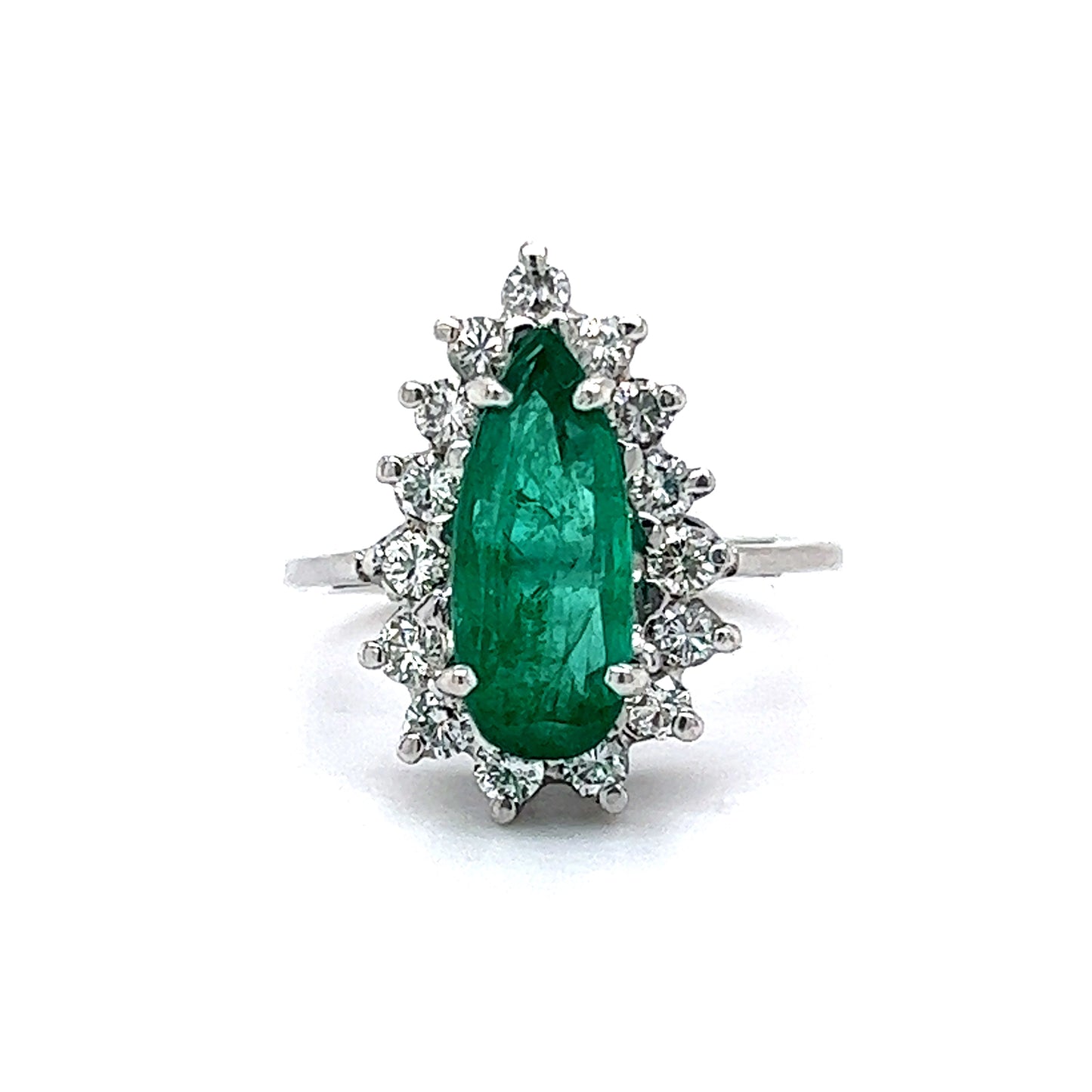 1.99 Pear Cut Emerald & Diamond Ring in 14k White Gold