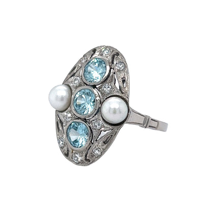 Art Deco Zircon Ring w/ Diamonds & Pearls in Platinum