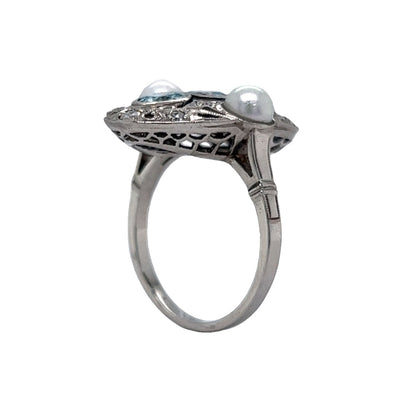 Art Deco Zircon Ring w/ Diamonds & Pearls in Platinum