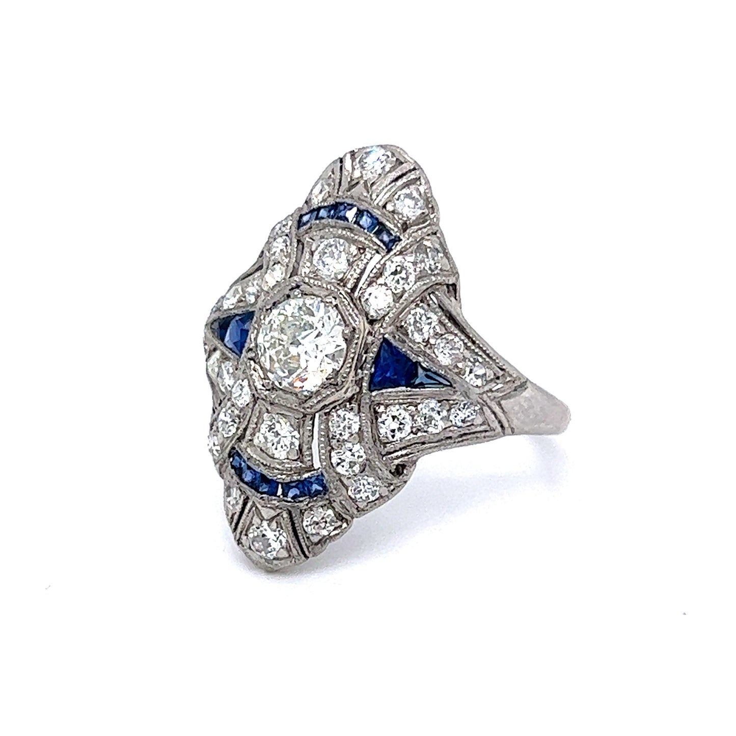 1.68 Art Deco Diamond & Sapphire Cocktail Ring in Platinum