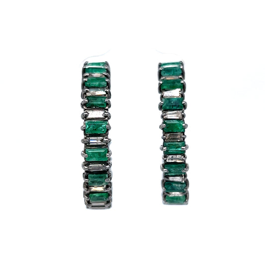 5.58 Emerald & Diamond Hoop Earrings in Sterling Silver
