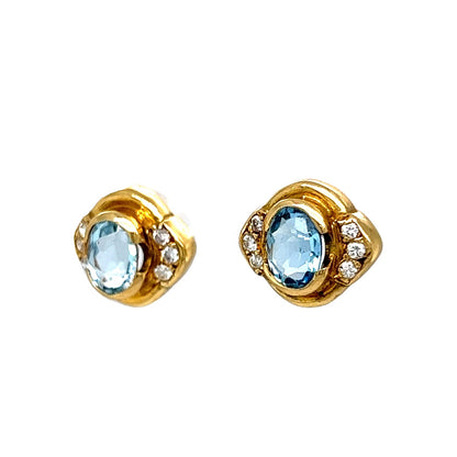 Aquamarine & Diamond Stud Earrings in 18k Yellow Gold