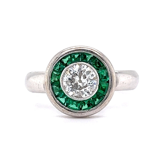 Old European Cut Diamond w/ Emerald Halo Cocktail Ring 18k White Gold