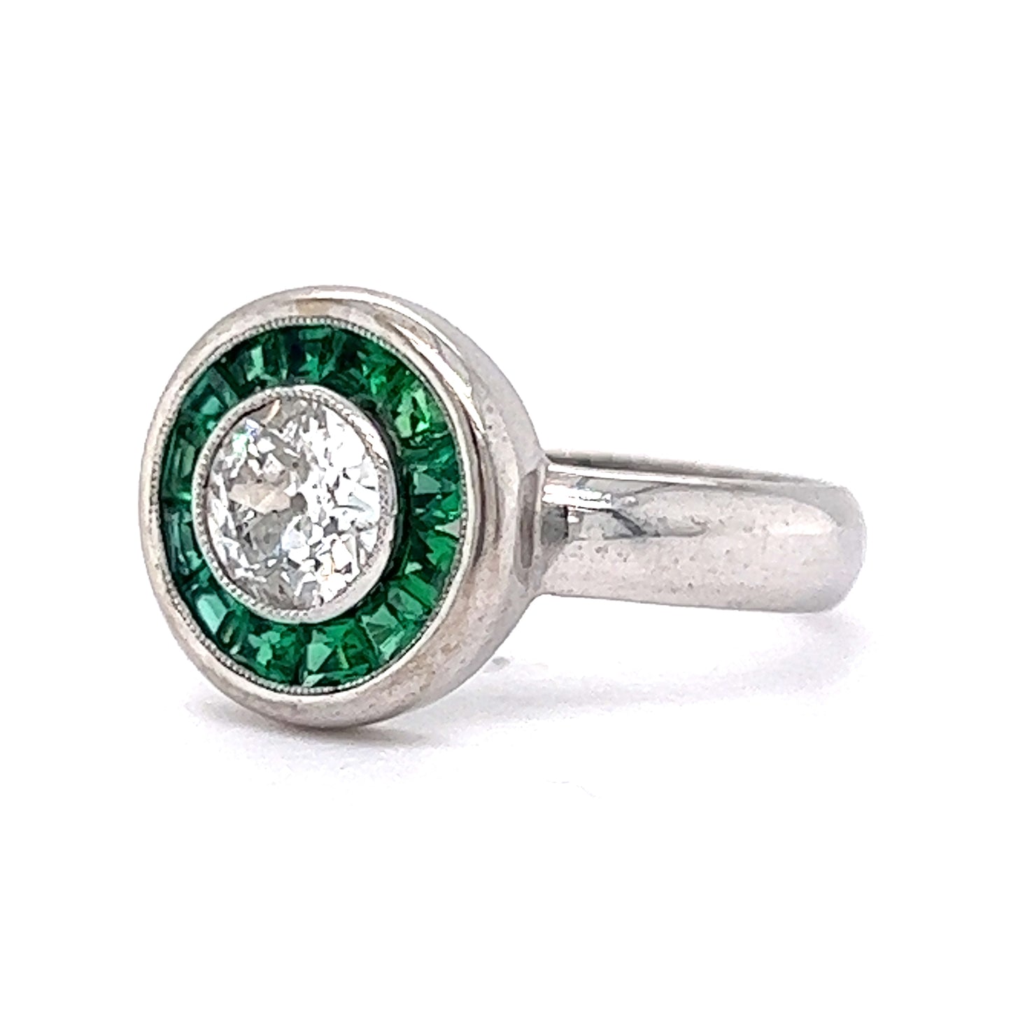 Antique Style Old European Cut Diamond w/ Emerald Halo Cocktail Ring 18k White Gold