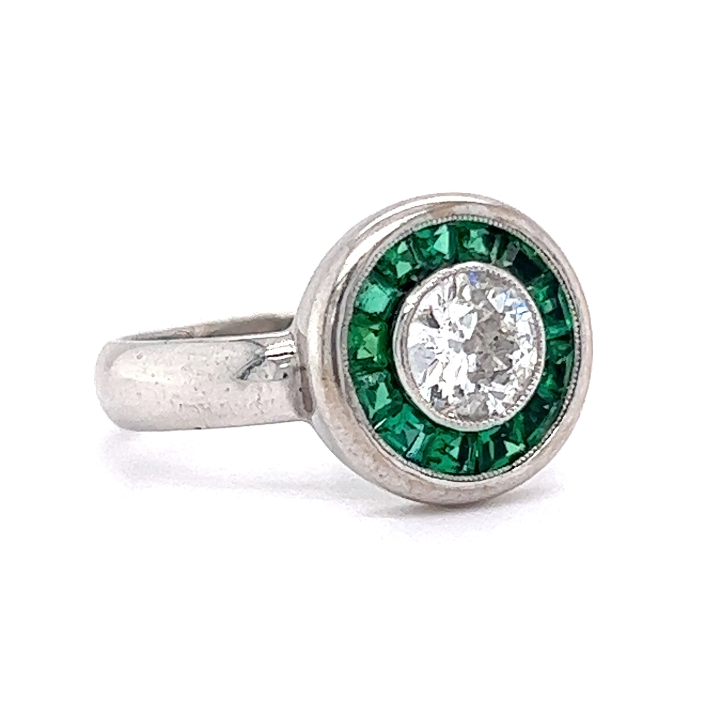 Antique Style Old European Cut Diamond w/ Emerald Halo Cocktail Ring 18k White Gold