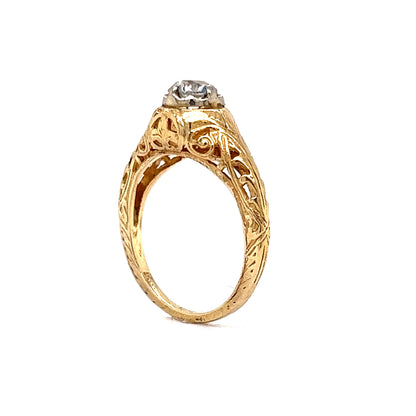 Vintage Half Carat Diamond Filigree Engagement Ring in Yellow Gold
