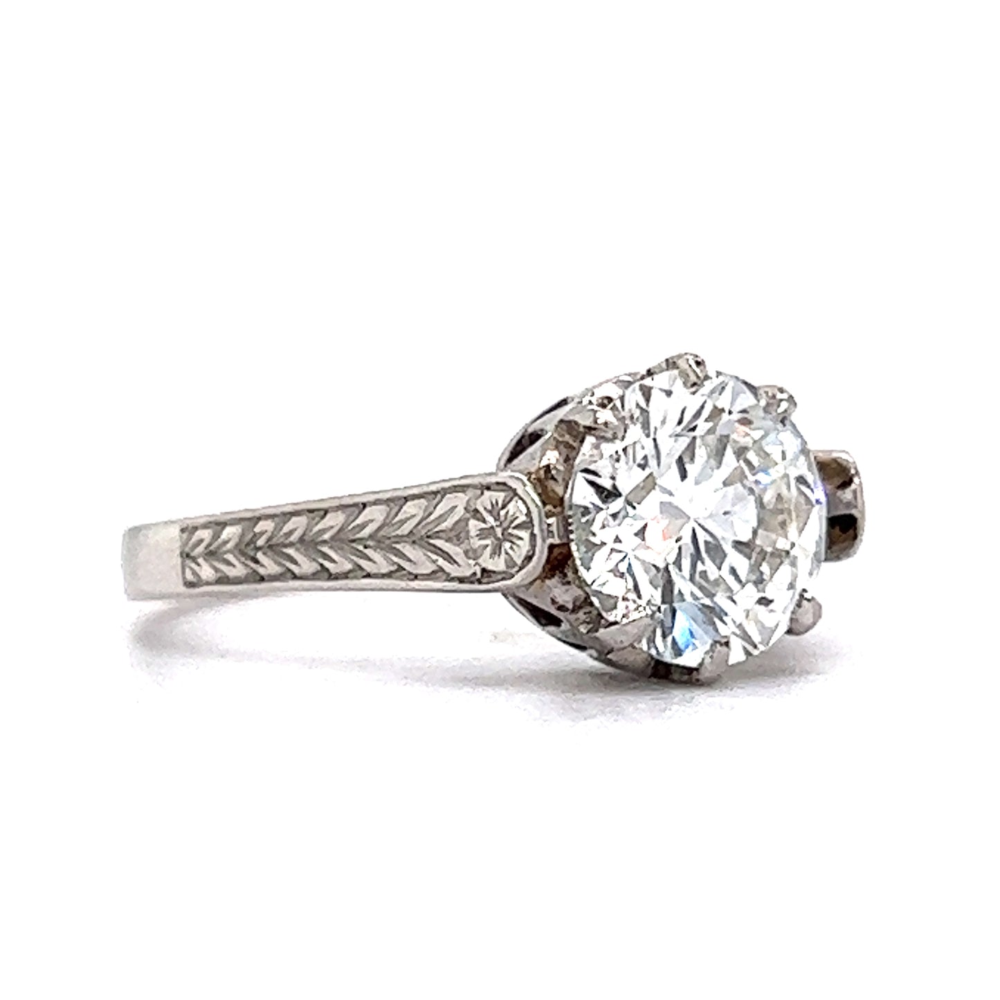 Art Deco Engraved Solitaire Diamond Engagement Ring in Platinum