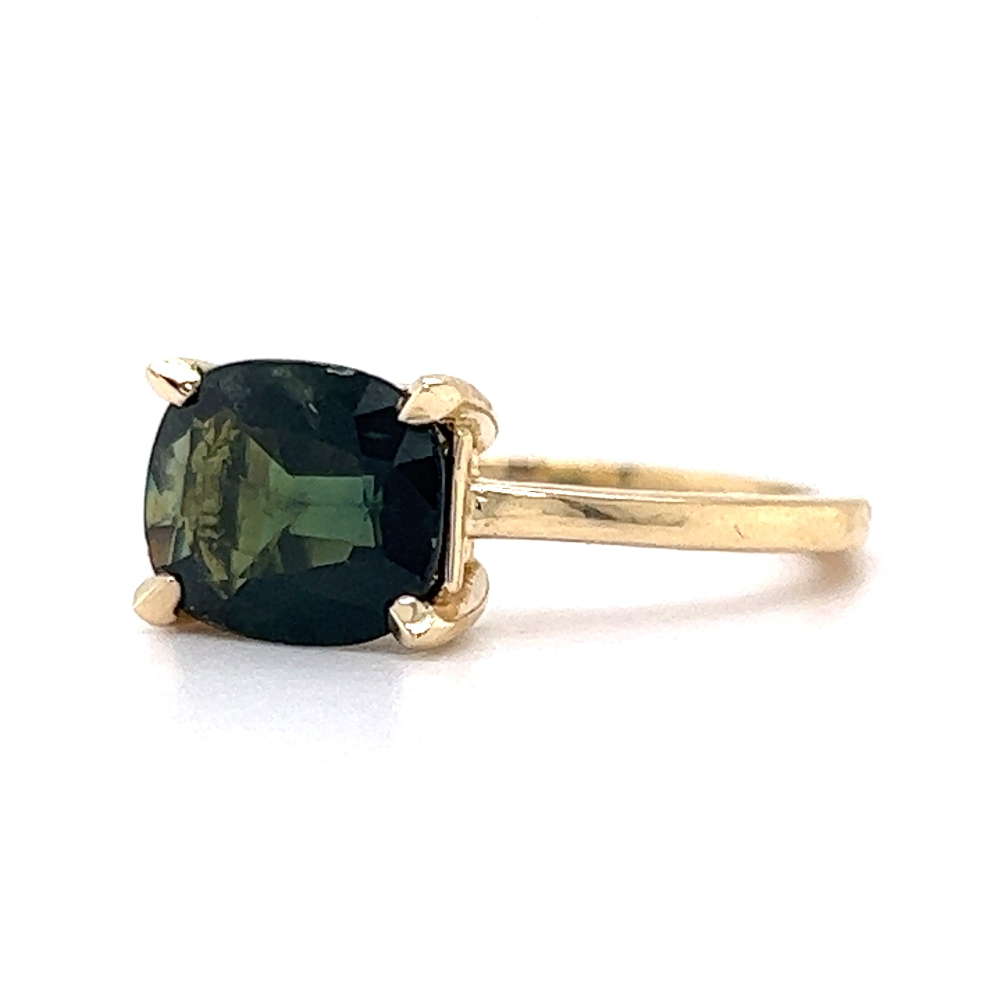 2.39 Cushion Cut Green Tourmaline Engagement Ring in 14k Yellow GoldComposition: 14 Karat Yellow Gold Ring Size: 7.0 Total Gram Weight: 3.5 g Inscription: 14K
      