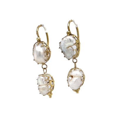 Baroque Pearl Drop Earrings in 14k Yellow Gold