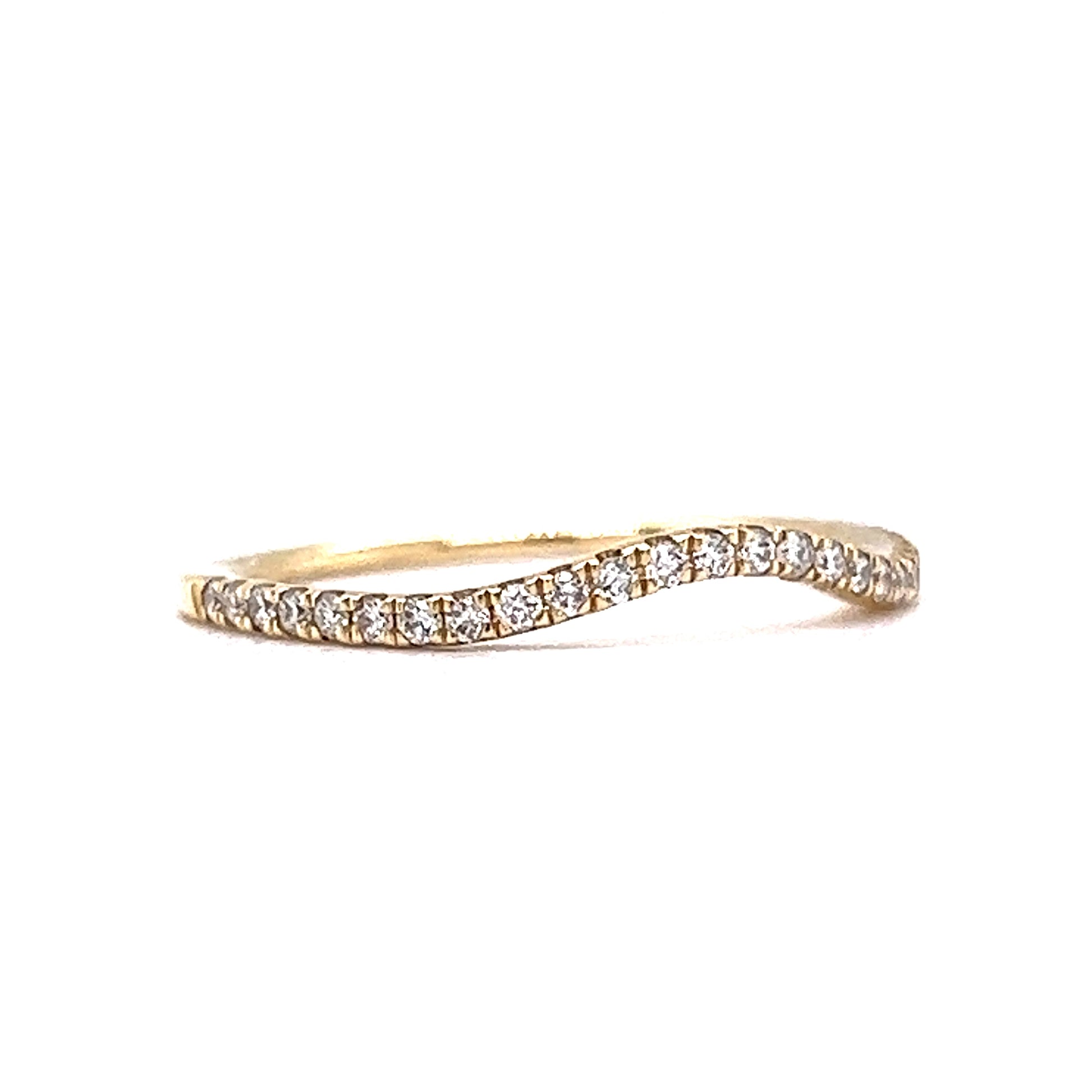 Thin Curved Diamond Wedding Band in 14k Yellow GoldComposition: 14 Karat Yellow Gold Ring Size: 6.5 Total Diamond Weight: .18ct Total Gram Weight: 1.1 g Inscription: 14k 585
      