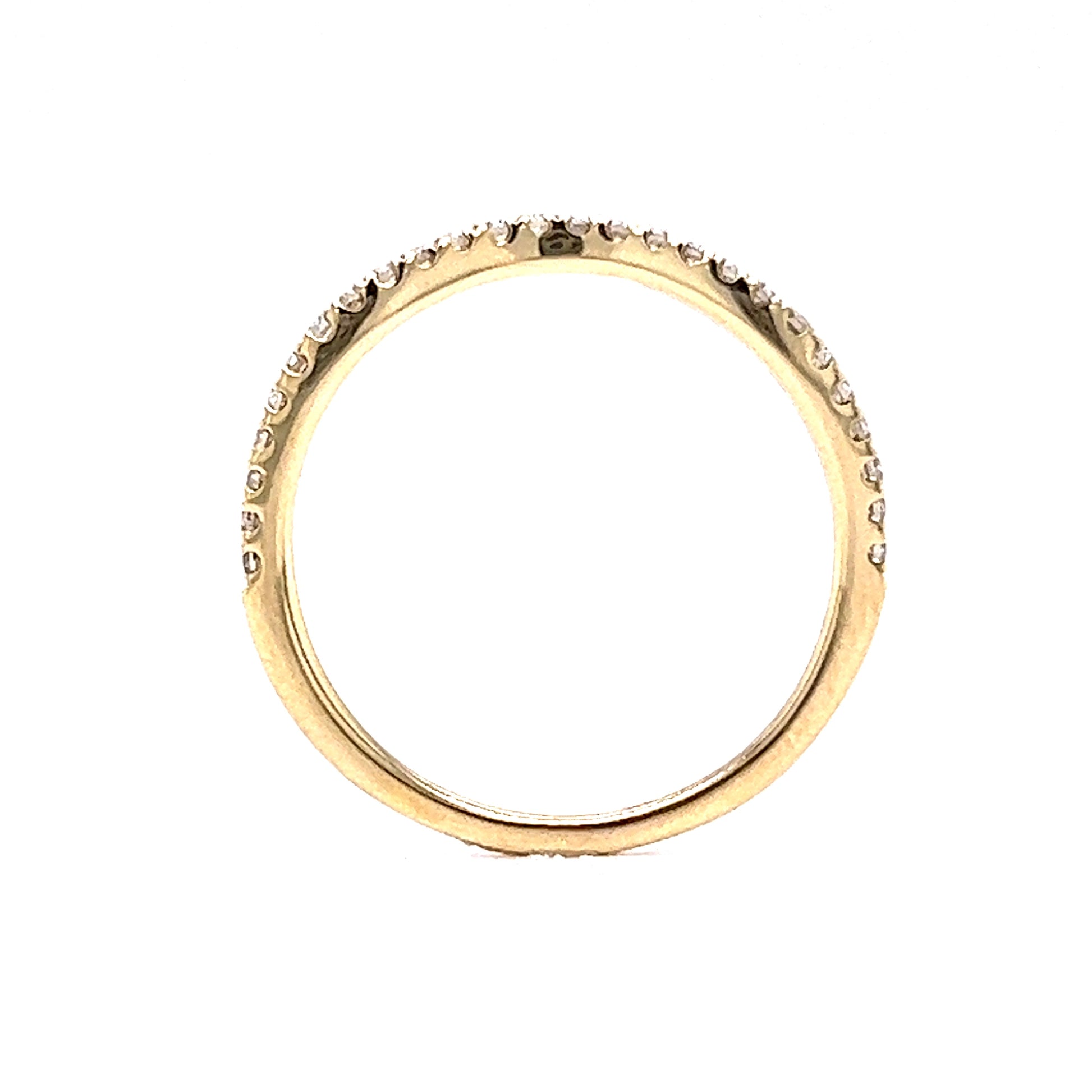 Thin Curved Diamond Wedding Band in 14k Yellow GoldComposition: 14 Karat Yellow Gold Ring Size: 6.5 Total Diamond Weight: .18ct Total Gram Weight: 1.1 g Inscription: 14k 585
      