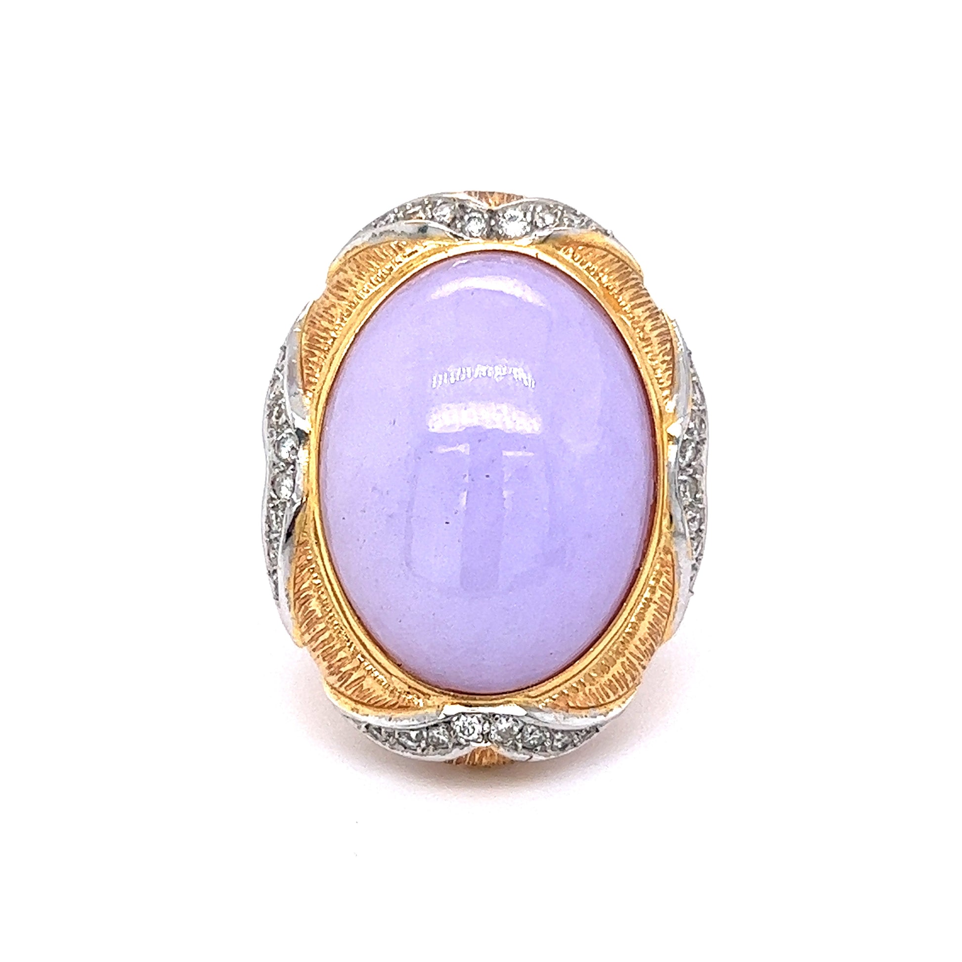 26.27 Lavender Jadeite Cabochon Cocktail Ring in 14k Yellow GoldComposition: 14 Karat Yellow GoldRing Size: 8.75Total Diamond Weight: .32 ctTotal Gram Weight: 16.7 gInscription: 14k