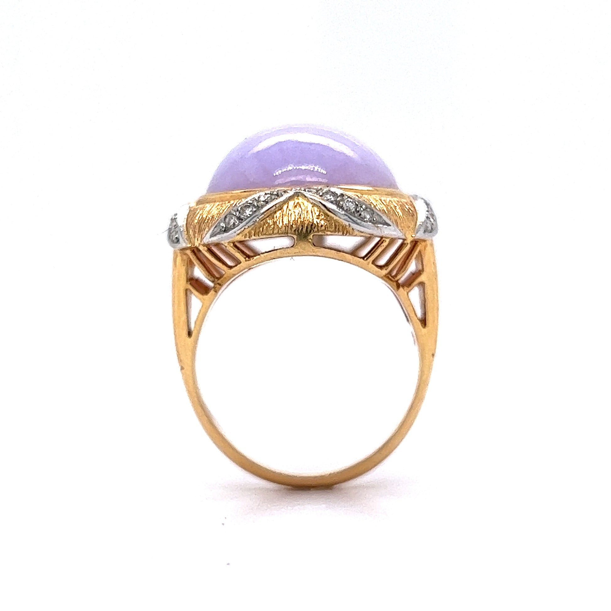 26.27 Lavender Jadeite Cabochon Cocktail Ring in 14k Yellow GoldComposition: 14 Karat Yellow GoldRing Size: 8.75Total Diamond Weight: .32 ctTotal Gram Weight: 16.7 gInscription: 14k