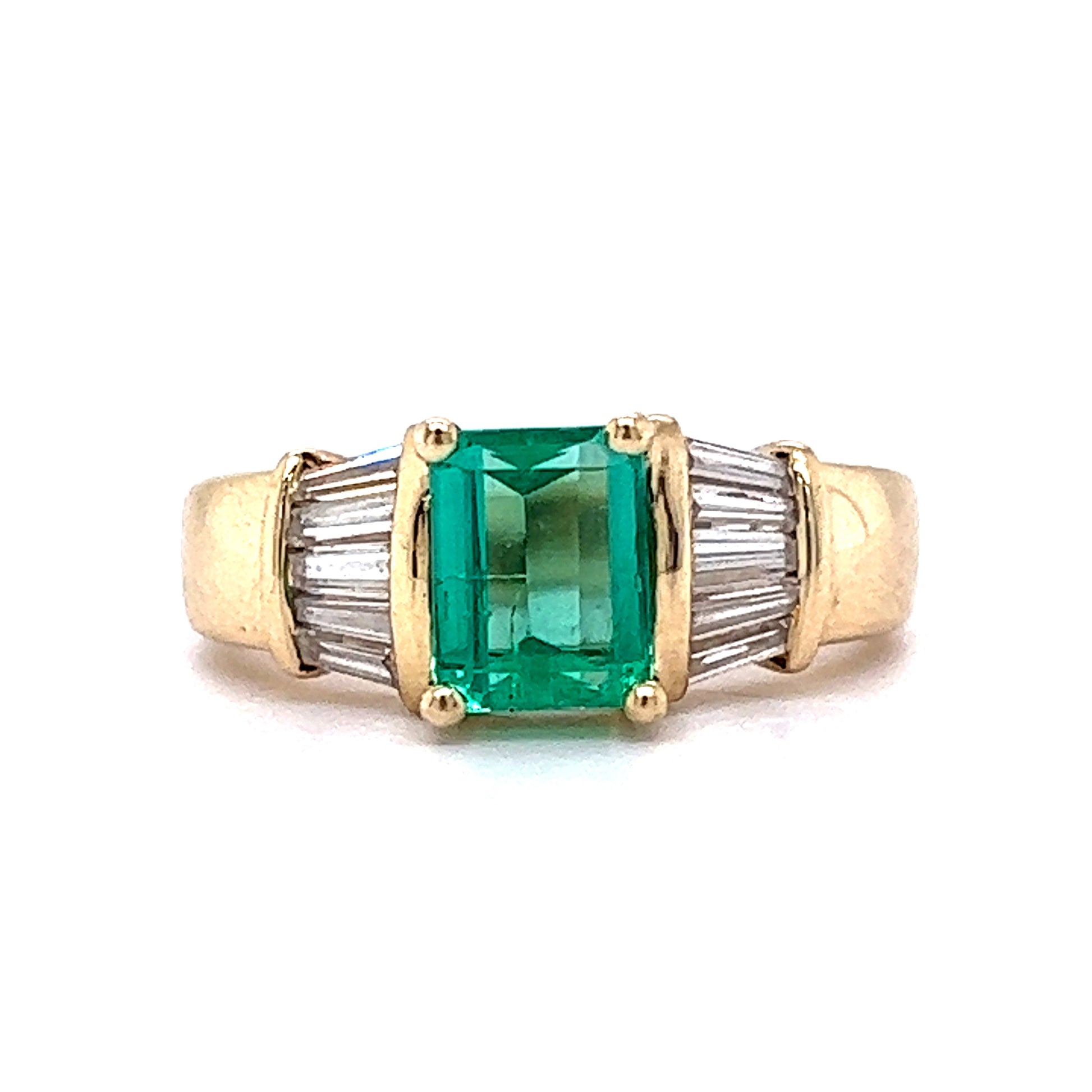 .88 Emerald & Diamond Engagement Ring in 14k Yellow GoldComposition: 14 Karat Yellow GoldRing Size: 4.0Total Diamond Weight: .14 ctTotal Gram Weight: 4.6 gInscription: 14k