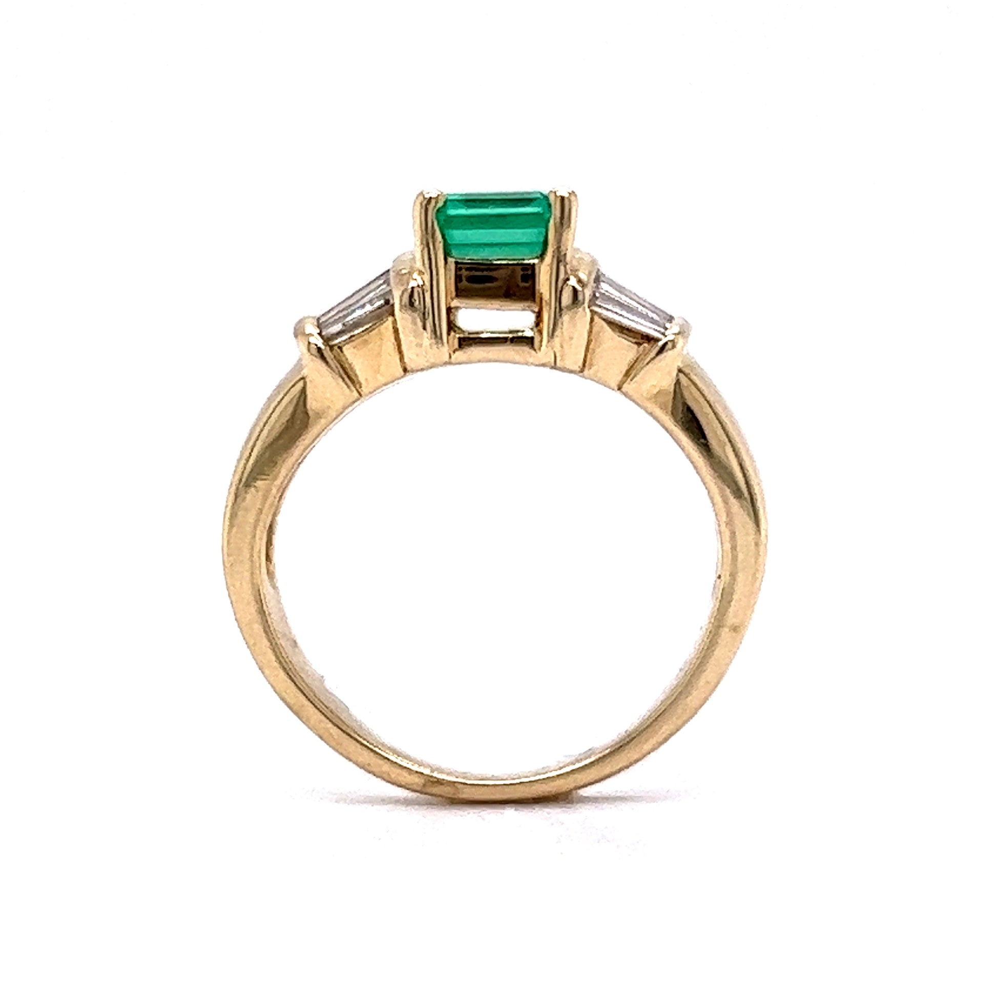 .88 Emerald & Diamond Engagement Ring in 14k Yellow GoldComposition: 14 Karat Yellow GoldRing Size: 4.0Total Diamond Weight: .14 ctTotal Gram Weight: 4.6 gInscription: 14k