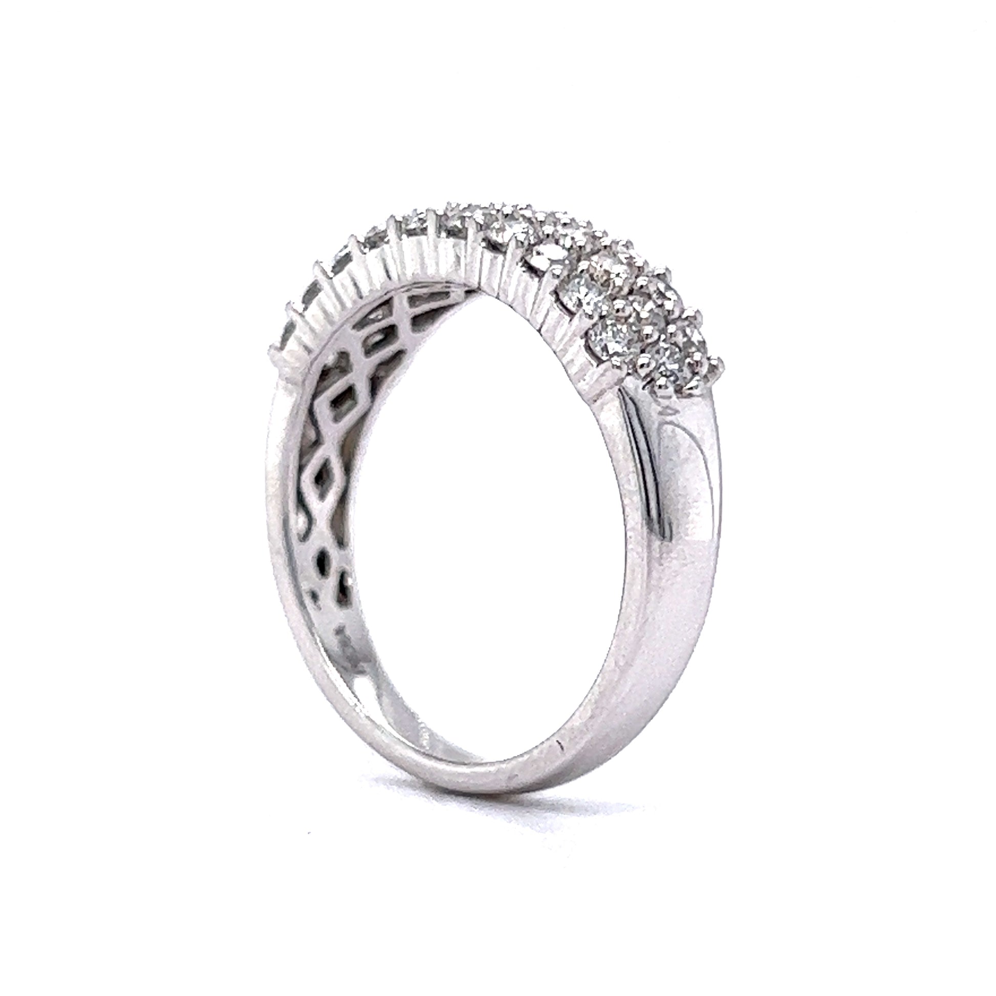 .93 Round Brilliant Diamond Pave Band in 14k White GoldComposition: 14 Karat White Gold Ring Size: 7.0 Total Diamond Weight: .93ct Total Gram Weight: 4.1 g Inscription: UD 14K INDIA
      
