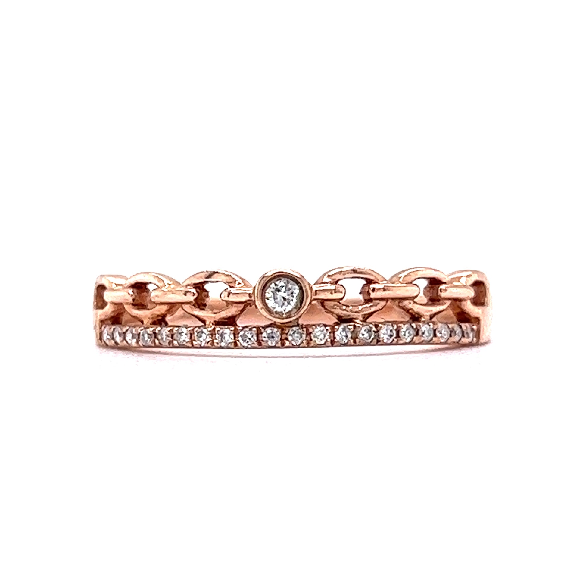 Stacked Diamond Chain Ring in 14k Rose GoldComposition: 14 Karat Rose GoldRing Size: 7Total Diamond Weight: .125 ctTotal Gram Weight: 1.8 gInscription: GND 417