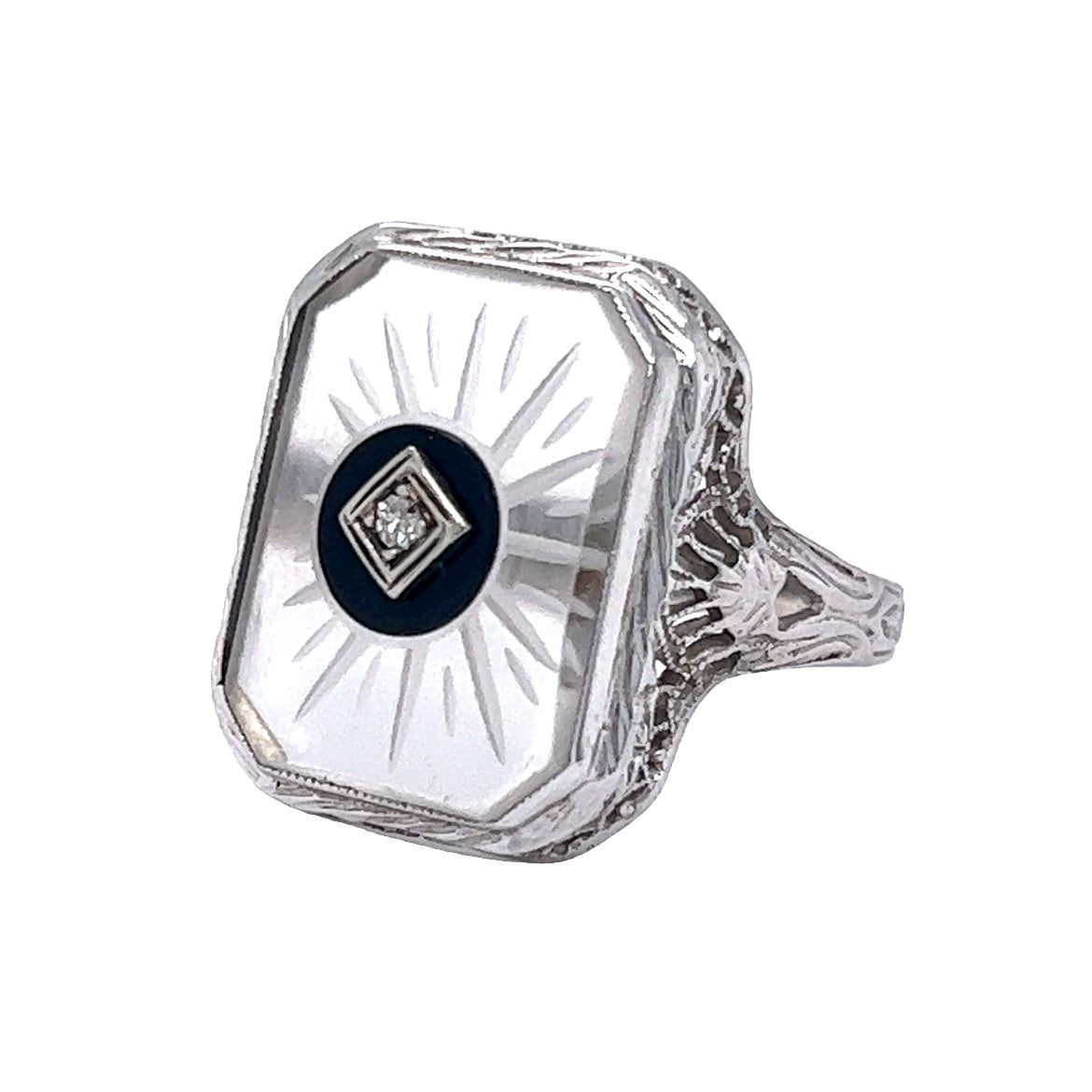 Antique Art Deco Camphor Glass Ring in 14k White Gold