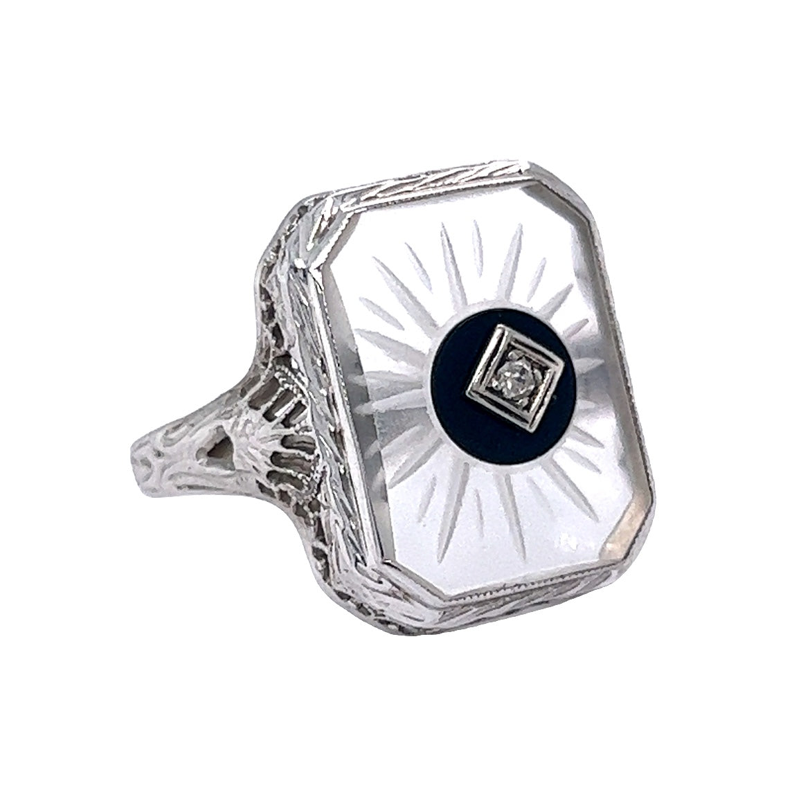 Antique Art Deco Camphor Glass Ring in 14k White Gold