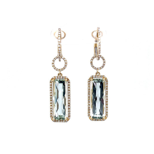 7.78 Green Quartz & Diamond Drop Earring in 14k Yellow Gold