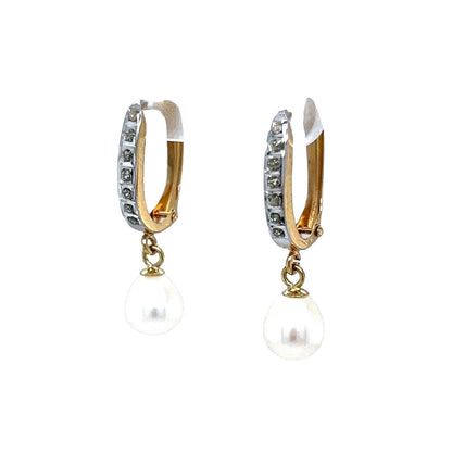 .09 Diamond & Pearl Drop Earrings in 14k Yellow & White Gold