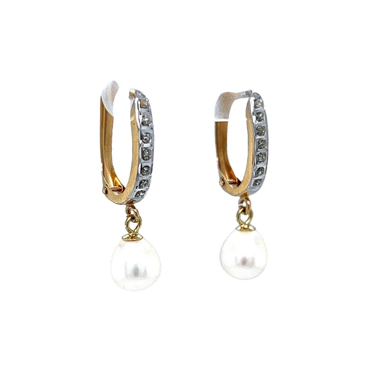 .09 Diamond & Pearl Drop Earrings in 14k Yellow & White Gold