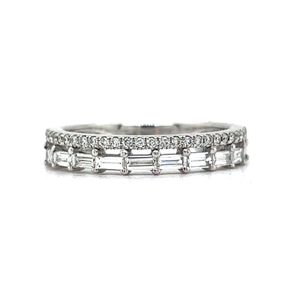 Stacked Baguette & Round Diamond Ring in 14k White Gold