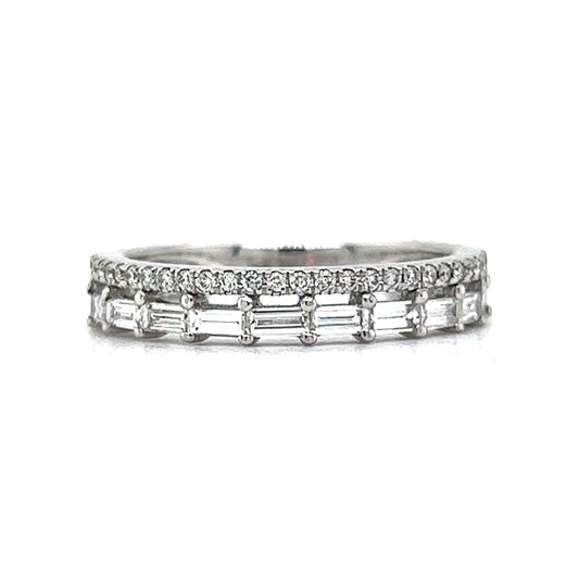 Stacked Baguette & Round Diamond Ring in 14k White Gold