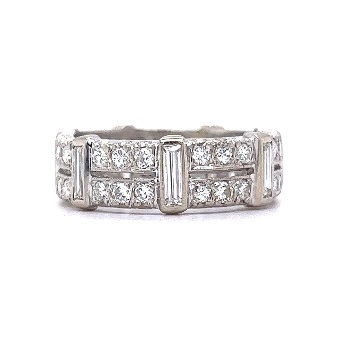 1.54. Baguette & Round Brilliant Cut Diamond Band in 14k White Gold