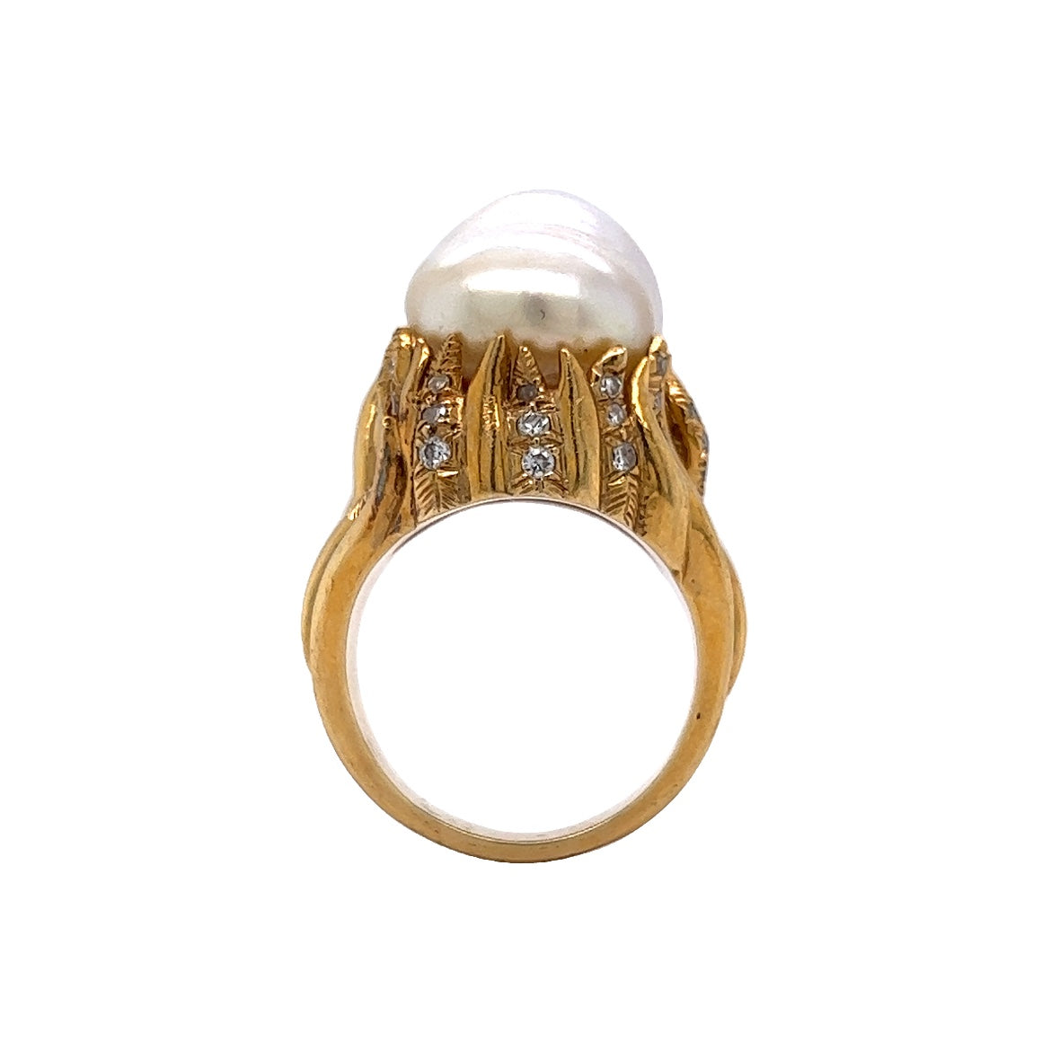 Vintage Mid-Century Pearl & Diamond Cocktail Ring in 18k Yellow Gold