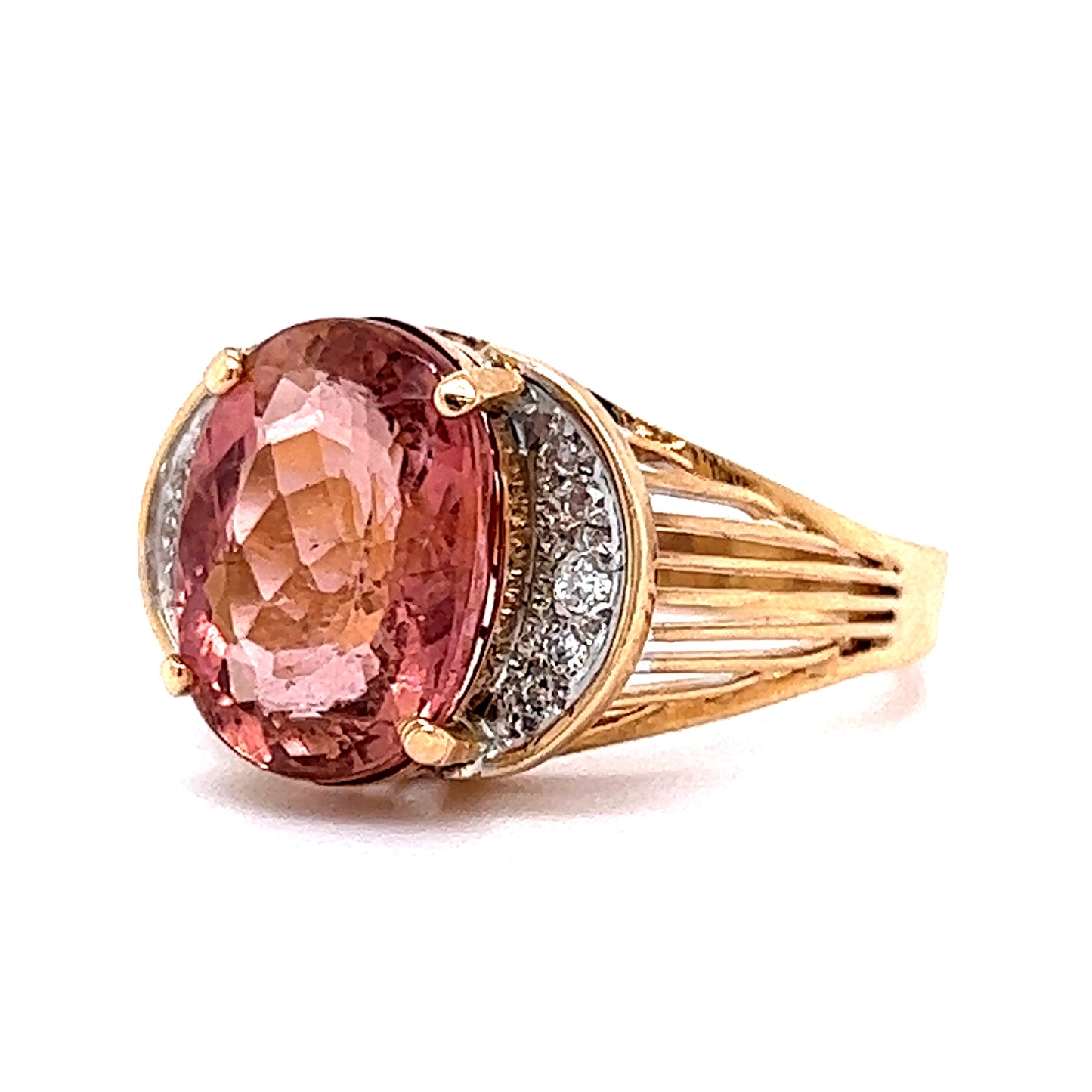 Vintage Pink Tourmaline & Diamond Cocktail Ring in 14k Yellow Gold