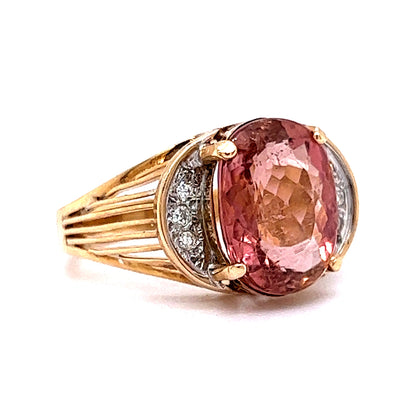 Vintage Pink Tourmaline & Diamond Cocktail Ring in 14k Yellow Gold