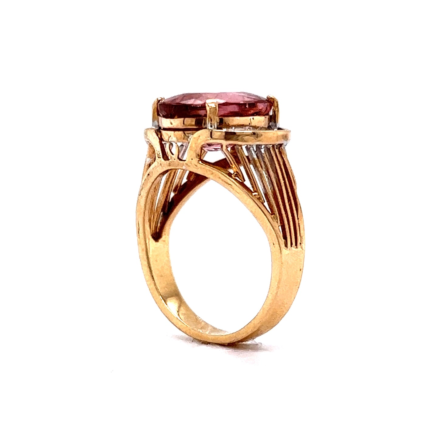 Vintage Pink Tourmaline & Diamond Cocktail Ring in 14k Yellow Gold