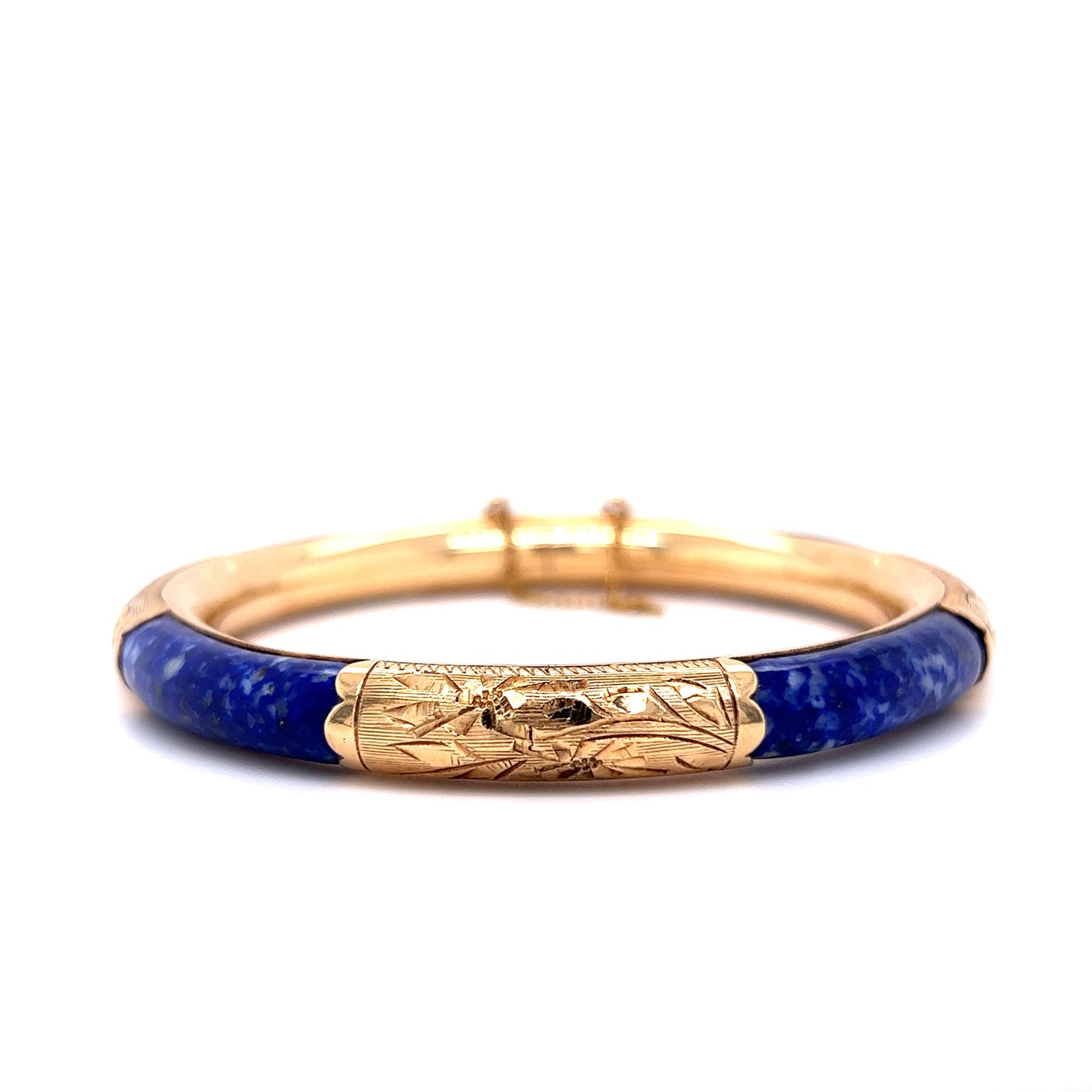 Vintage Mid-Century Lapis Lazuli Bangle Bracelet in 14k Yellow Gold