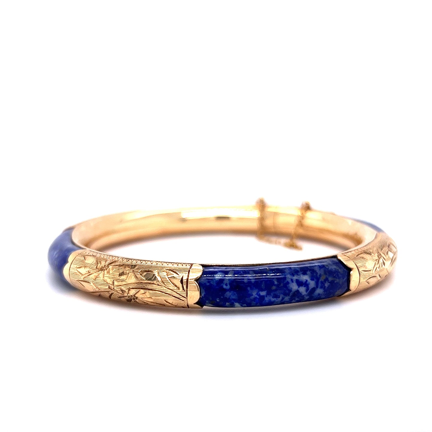 Vintage Mid-Century Lapis Lazuli Bangle Bracelet in 14k Yellow Gold