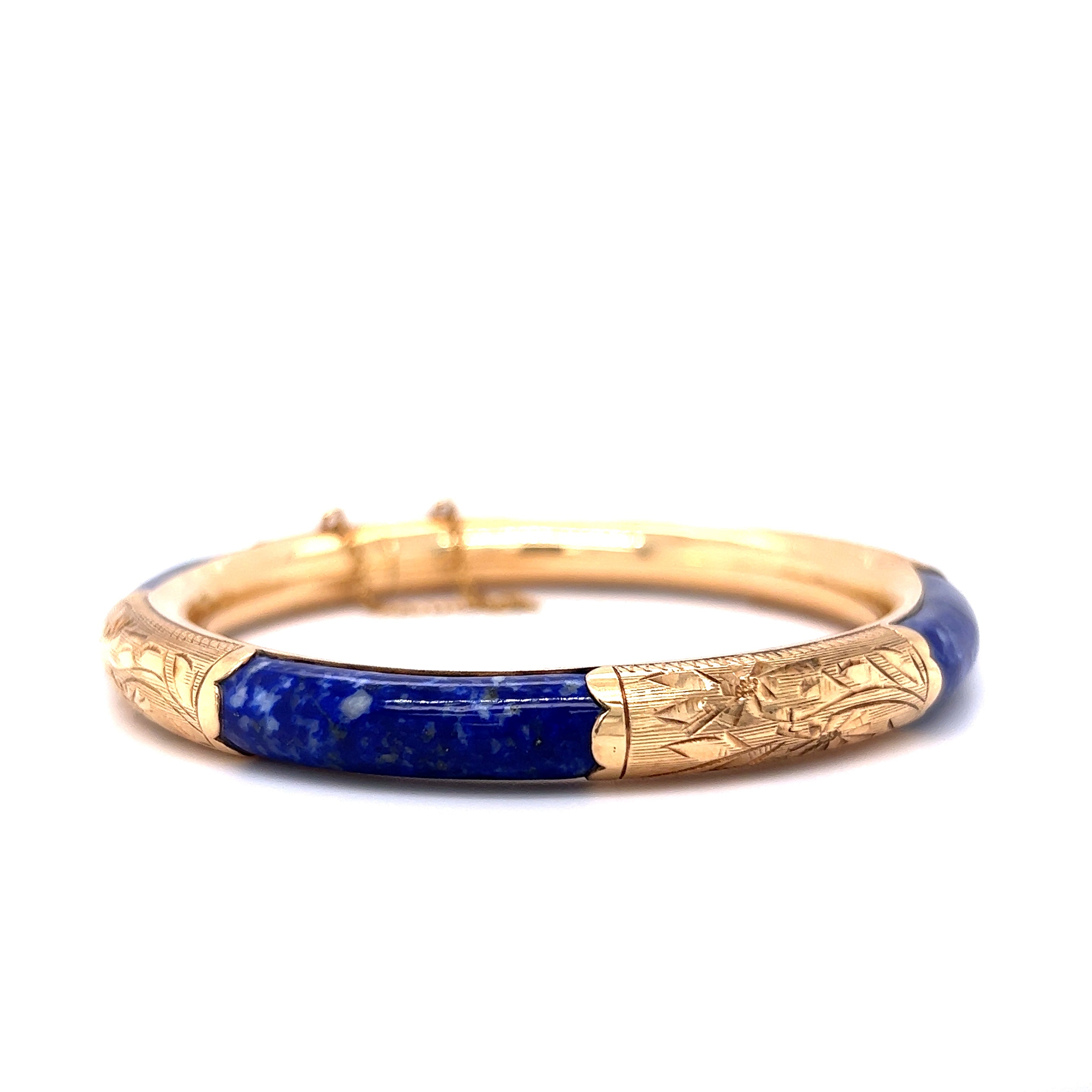 Vintage top Lapis lazuli Etched Gold plated Hinged Bangle Bracelet