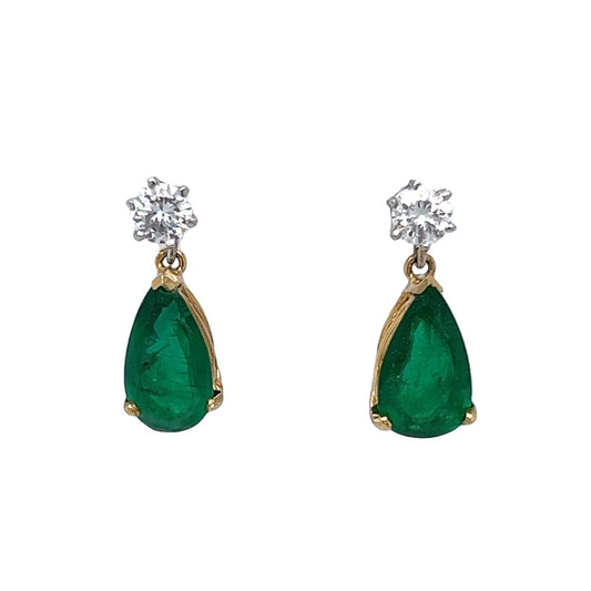 2.48 Emerald & Diamond Drop Earrings in 14k Yellow & White Gold
