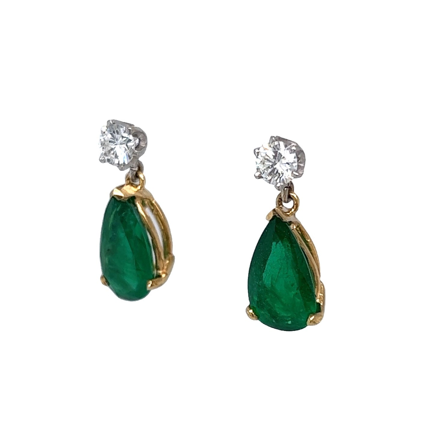 2.48 Emerald & Diamond Drop Earrings in 14k Yellow & White Gold